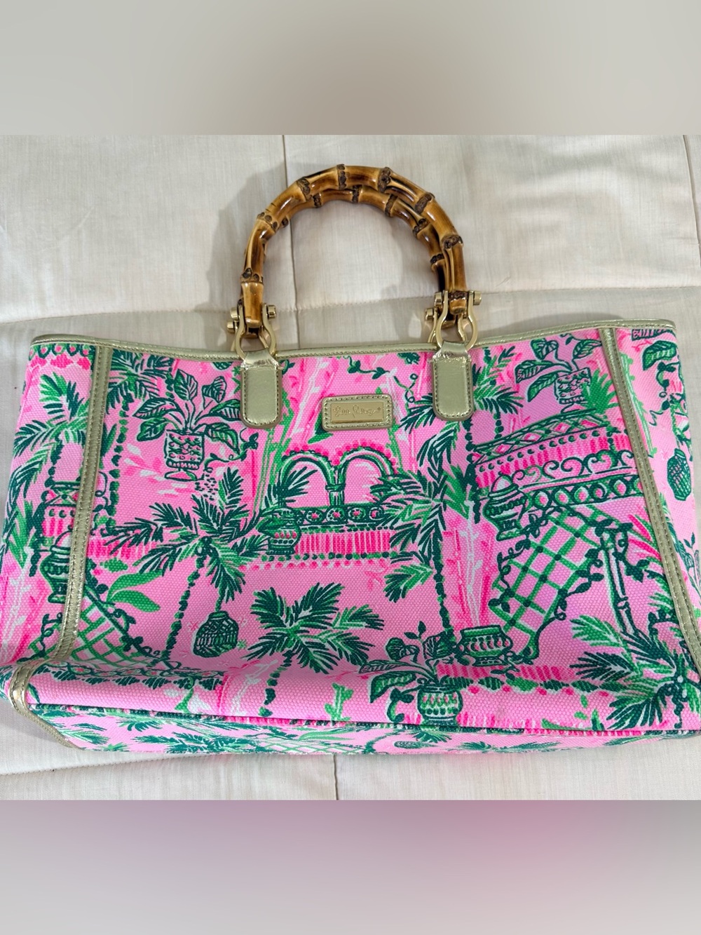 Lilly Pulitzer Greydon Canvas Tote natural bamboo top handles gold hardware EC - Picture 6 of 8